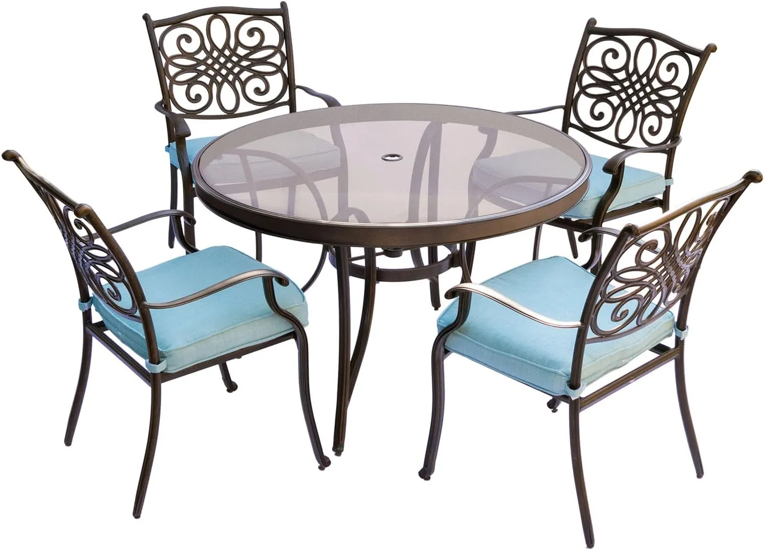 Hanover Traditions 5-Piece Outdoor Dining Set with Blue Cushions, 4 Dining Chairs and Tempered Glass Round Dining Table, Rust-Resistant Aluminum, All-Weather Patio Dining Set for 4
