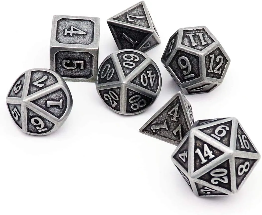 Haxtec Antique Iron Metal DND Dice Set Silver D&D Polyhedral Dice W/PU Leather Dice Bag for Dungeons and Dragons Gift TTRPG