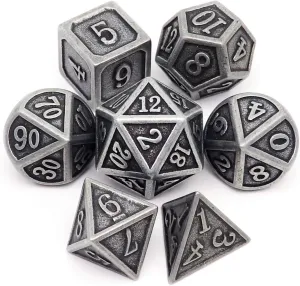 Haxtec Antique Iron Metal DND Dice Set Silver D&D Polyhedral Dice W/PU Leather Dice Bag for Dungeons and Dragons Gift TTRPG