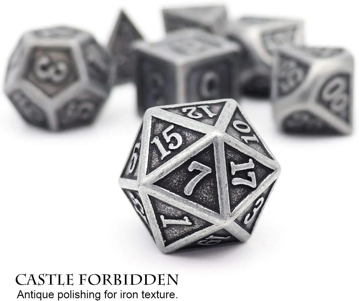 Haxtec Antique Iron Metal DND Dice Set Silver D&D Polyhedral Dice W/PU Leather Dice Bag for Dungeons and Dragons Gift TTRPG