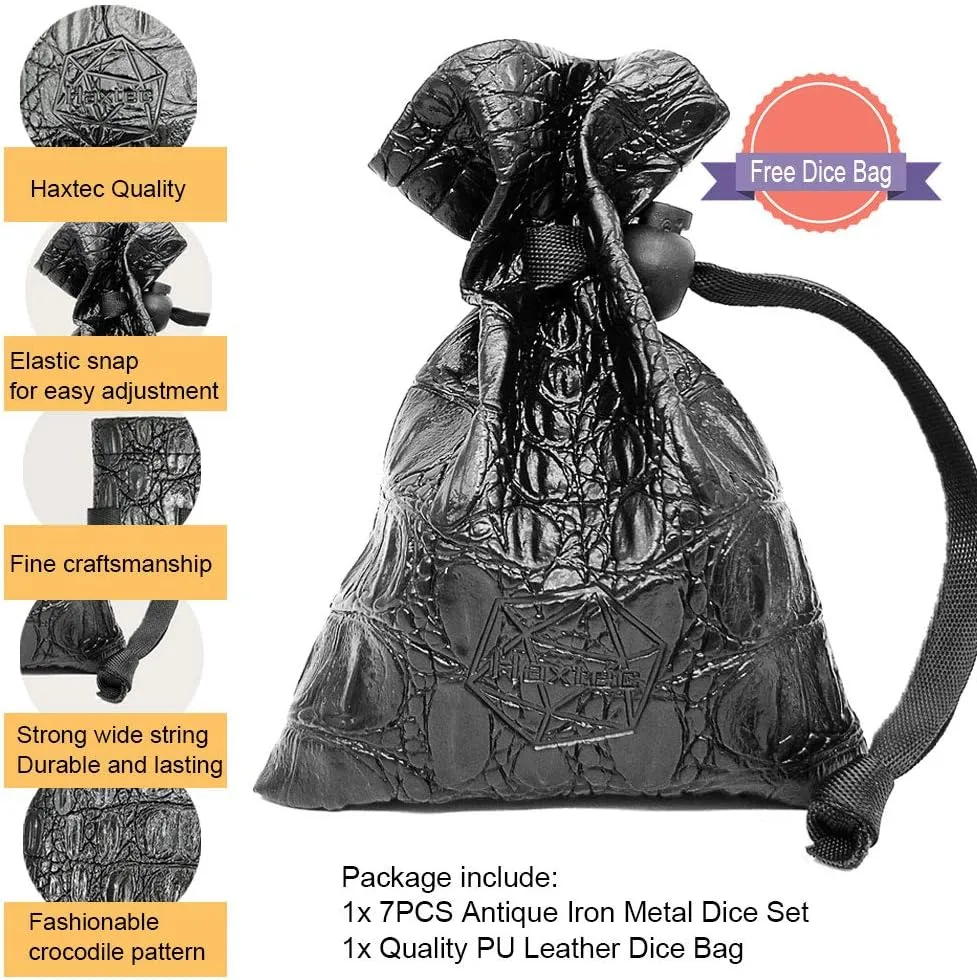 Haxtec Antique Iron Metal DND Dice Set Silver D&D Polyhedral Dice W/PU Leather Dice Bag for Dungeons and Dragons Gift TTRPG