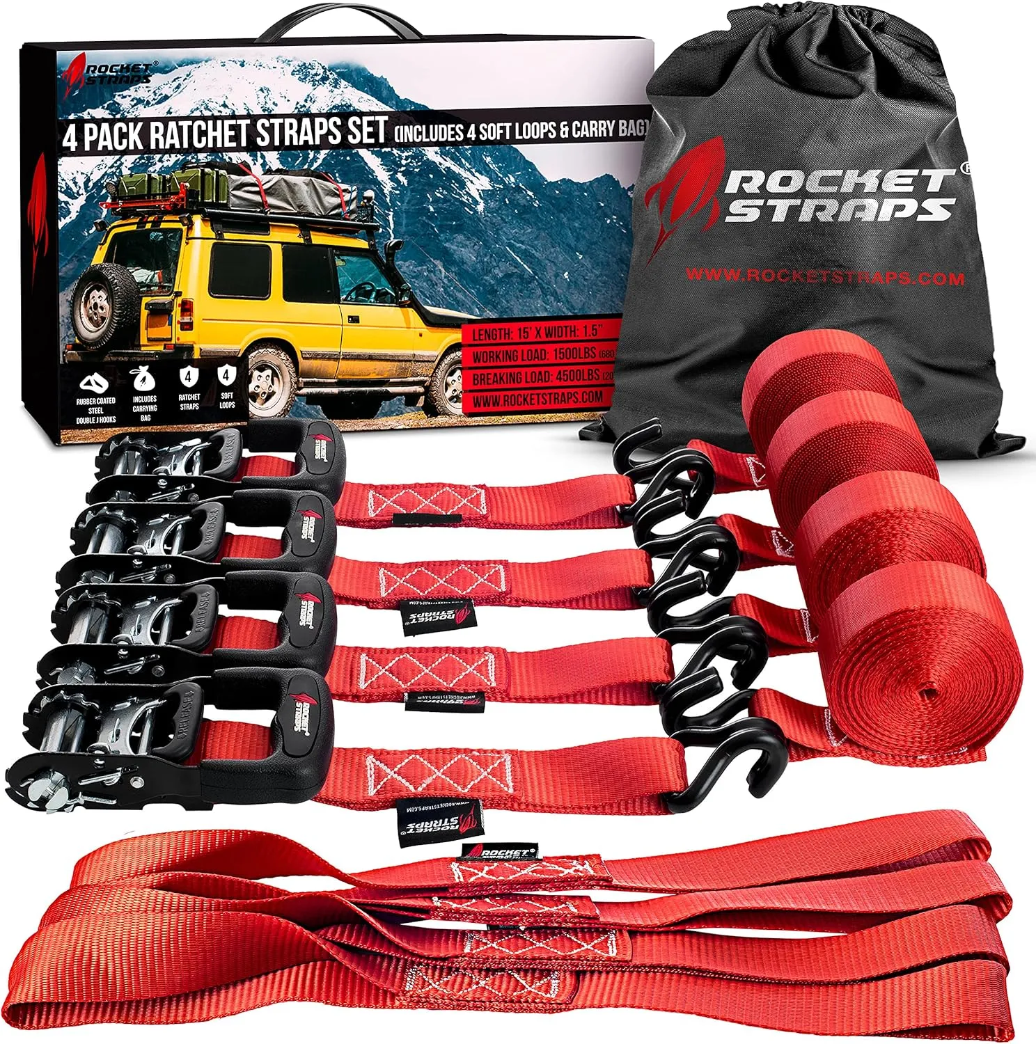 Heavy Duty Ratchet Straps 1500 lbs Working Load 4500 lbs Break Strength | Rubber Coated Double J Hooks | Ergonomic Ratchet Handle | Tie Down Straps Include 4 Soft Loops and Bag