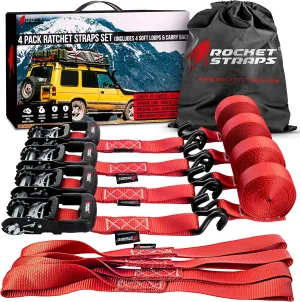 Heavy Duty Ratchet Straps 1500 lbs Working Load 4500 lbs Break Strength | Rubber Coated Double J Hooks | Ergonomic Ratchet Handle | Tie Down Straps Include 4 Soft Loops and Bag