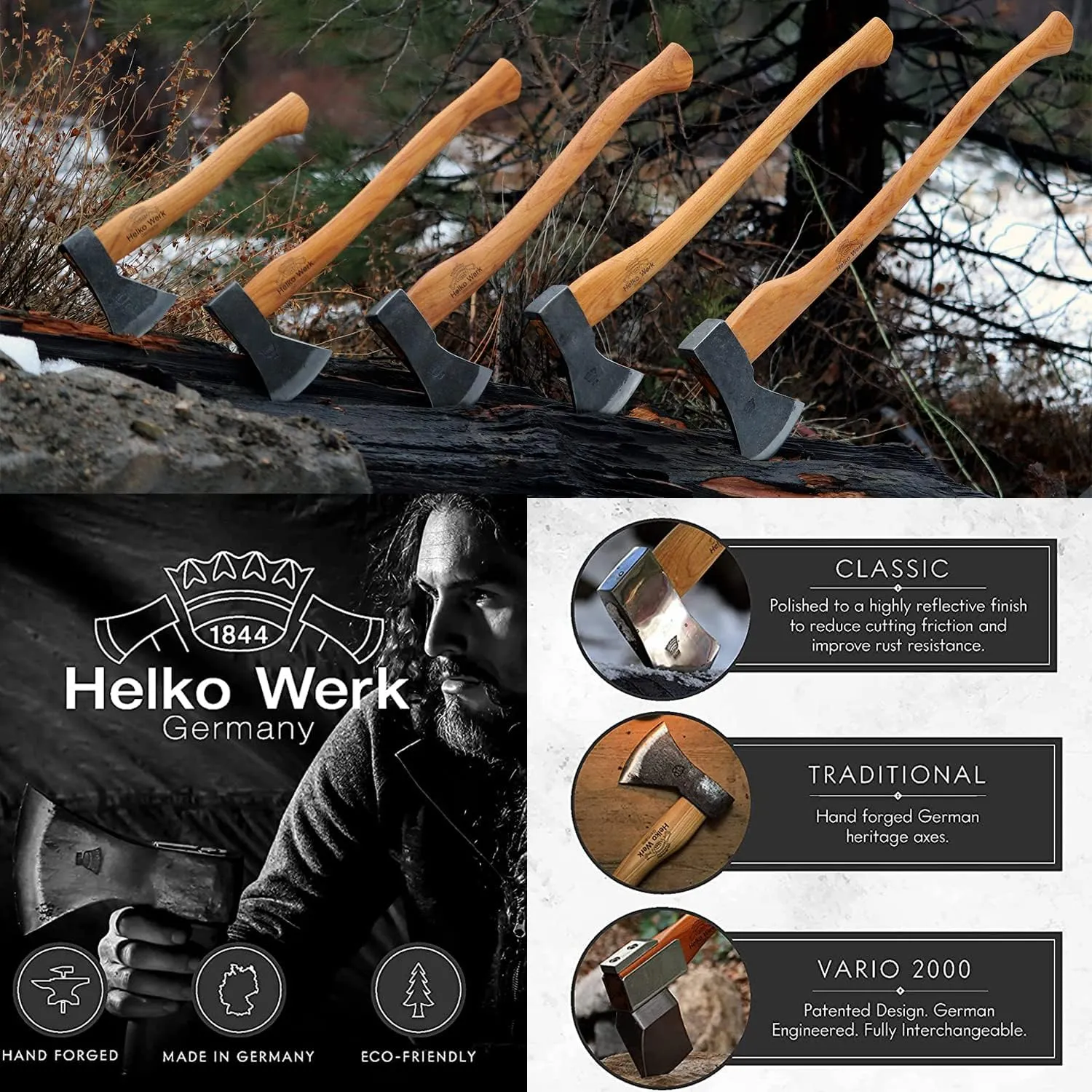 Helko Werk Germany Traditional Rheinland Pack Axe - Made in Germany, Compact, Lightweight Axe for Backpacking, Camping - Head 1.5 lbs, Handle 20 in