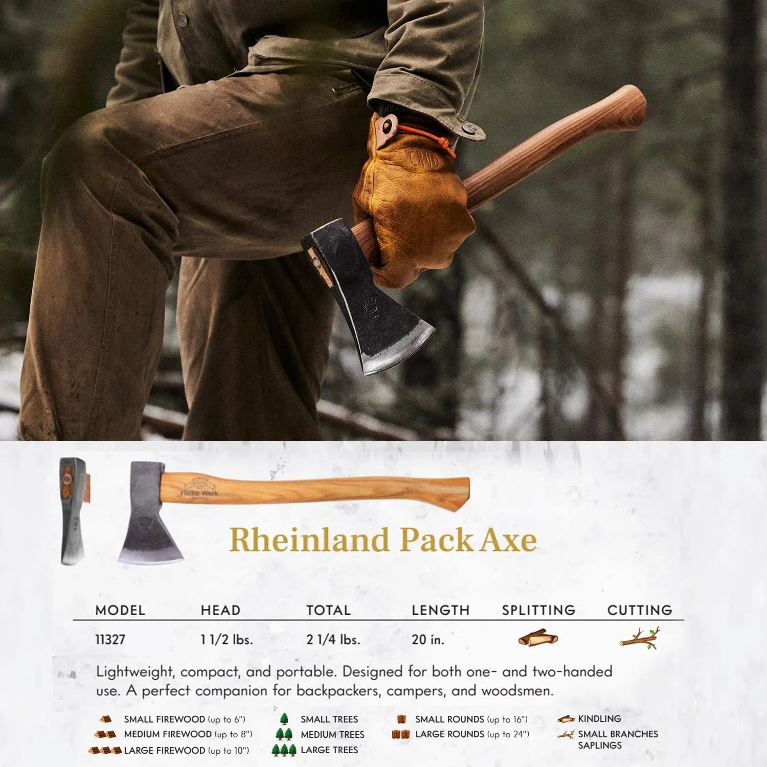 Helko Werk Germany Traditional Rheinland Pack Axe - Made in Germany, Compact, Lightweight Axe for Backpacking, Camping - Head 1.5 lbs, Handle 20 in