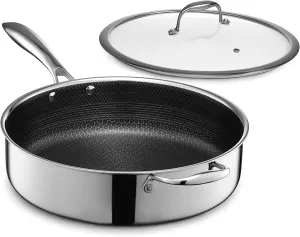 HexClad Hybrid Nonstick 5.5-Quart Deep Sauté Pan with Tempered Glass Lid, Stay-Cool Handle, Dishwasher-Friendly, Oven-Safe Up to 900°F, Induction-Ready, Compatible with All Cooktops