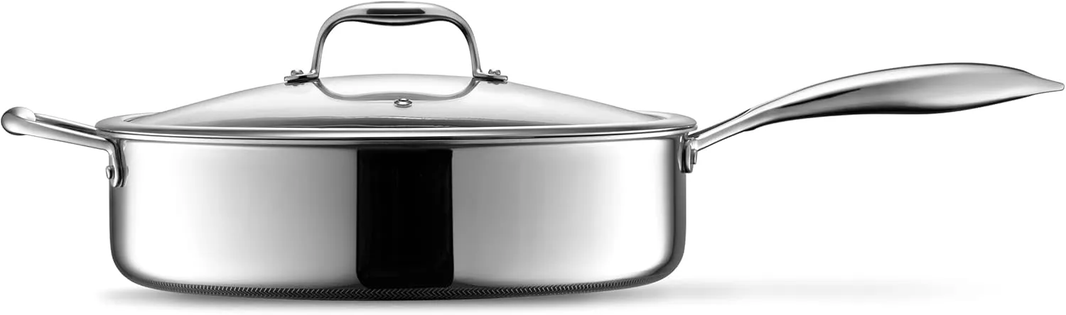 HexClad Hybrid Nonstick 5.5-Quart Deep Sauté Pan with Tempered Glass Lid, Stay-Cool Handle, Dishwasher-Friendly, Oven-Safe Up to 900°F, Induction-Ready, Compatible with All Cooktops