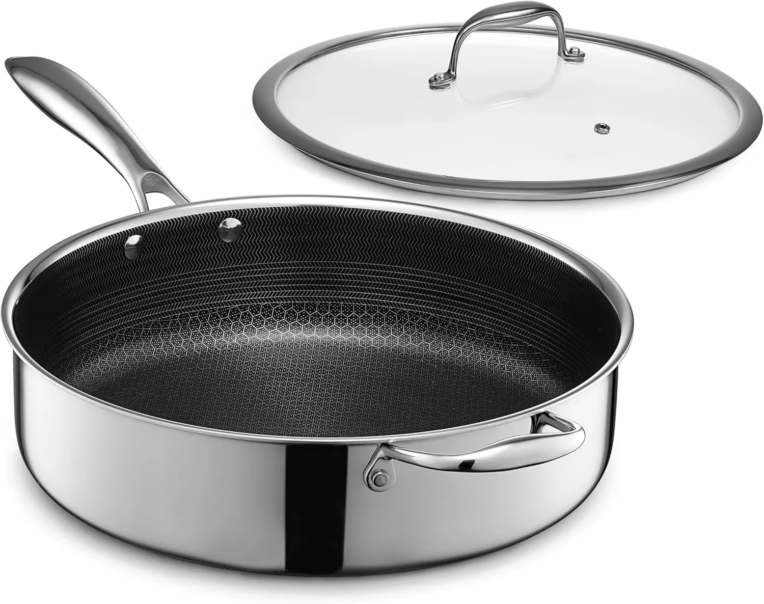 HexClad Hybrid Nonstick 5.5-Quart Deep Sauté Pan with Tempered Glass Lid, Stay-Cool Handle, Dishwasher-Friendly, Oven-Safe Up to 900°F, Induction-Ready, Compatible with All Cooktops