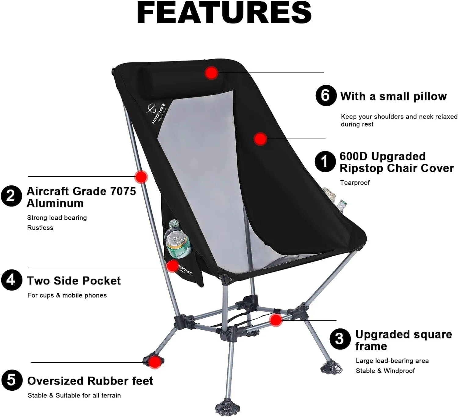 HITORHIKE Camping Chair with Nylon Mesh and Comfortable Headrest Ultralight High Back Folding Camp Chair Portable Compact for Camping, Hiking, Backpacking, Picnic, Festival, Family Road Trip