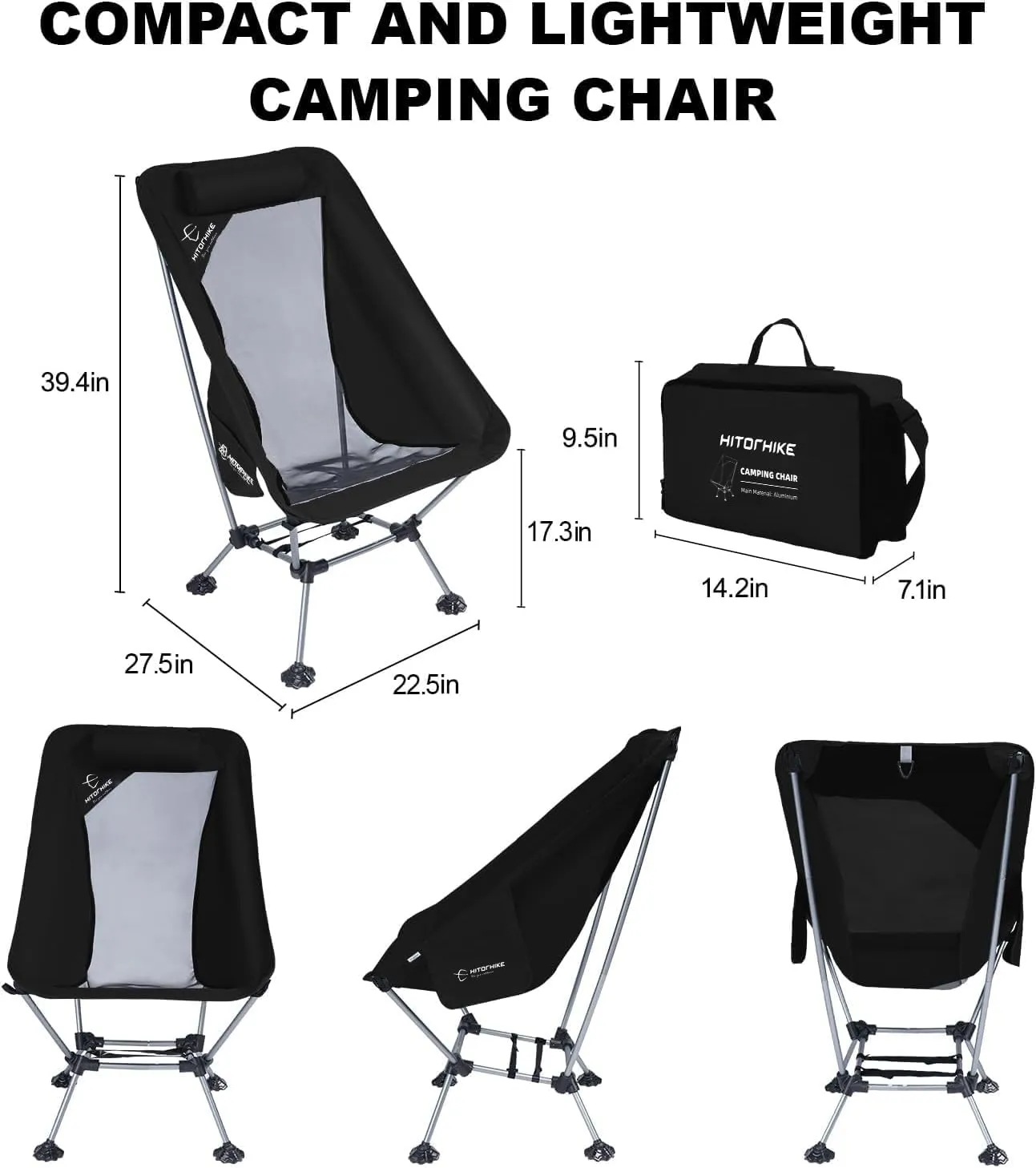HITORHIKE Camping Chair with Nylon Mesh and Comfortable Headrest Ultralight High Back Folding Camp Chair Portable Compact for Camping, Hiking, Backpacking, Picnic, Festival, Family Road Trip