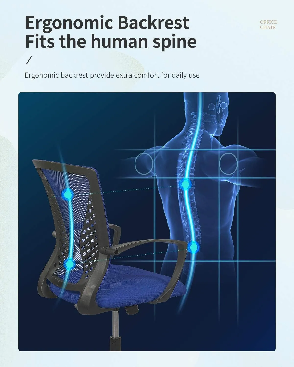 Home Office Chair Mid Back PC Swivel Lumbar Support Adjustable Desk Task Computer Ergonomic Comfortable Mesh Chair with Armrest (Blue)
