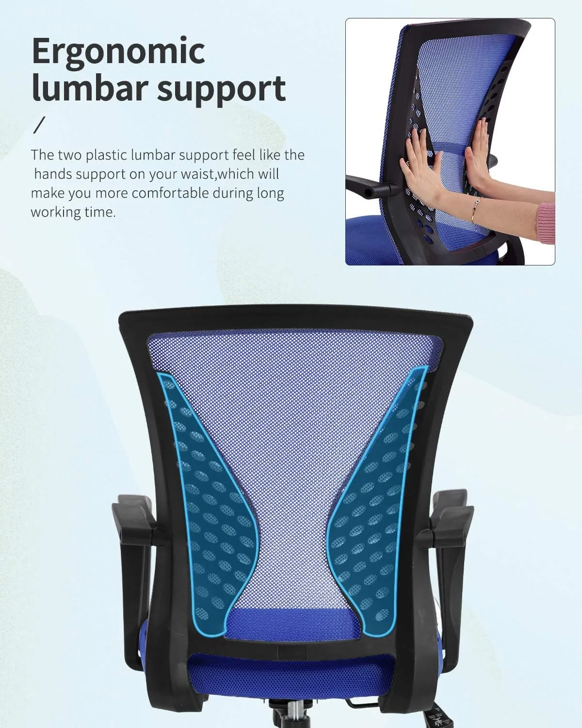 Home Office Chair Mid Back PC Swivel Lumbar Support Adjustable Desk Task Computer Ergonomic Comfortable Mesh Chair with Armrest (Blue)