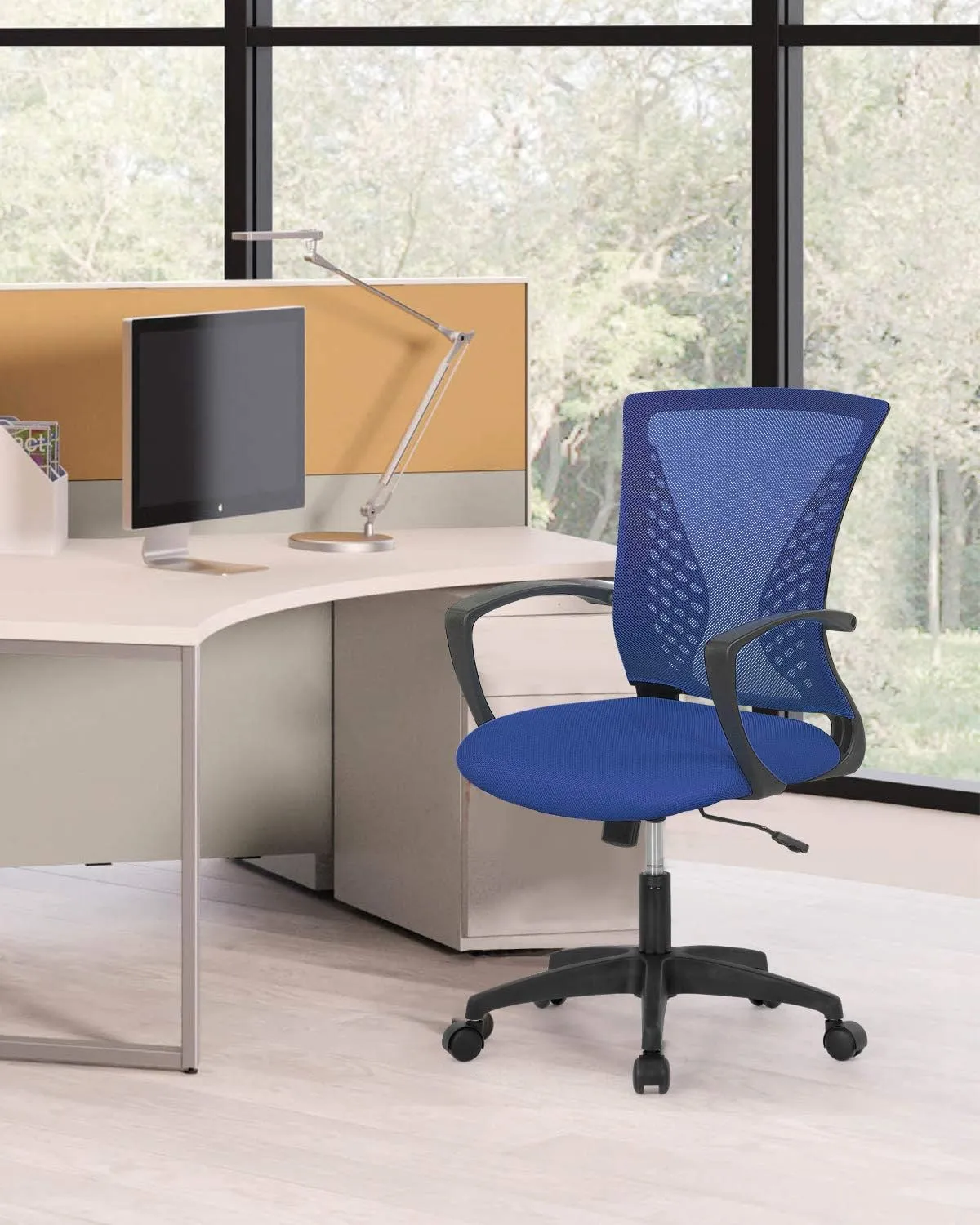 Home Office Chair Mid Back PC Swivel Lumbar Support Adjustable Desk Task Computer Ergonomic Comfortable Mesh Chair with Armrest (Blue)