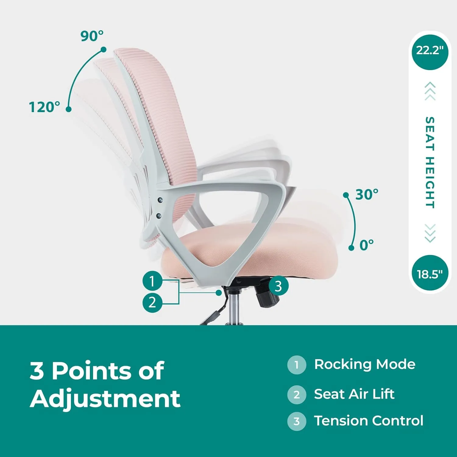 Home Office Computer Desk Chair, Ergonomic Mid-Back Mesh Swivel Rolling Work with Wheels, Comfortable Lumbar Support, Comfy Arms, Bedroom, Study, Dorm, Student, Adults