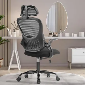 Home Office Desk Chair, Ergonomic Computer Managerial Executive Chairs High-Back Work Swivel Task Chairs with Wheels, Lumbar Support, Comfy Flip-up Armrest for Gaming, Study, Student, Black