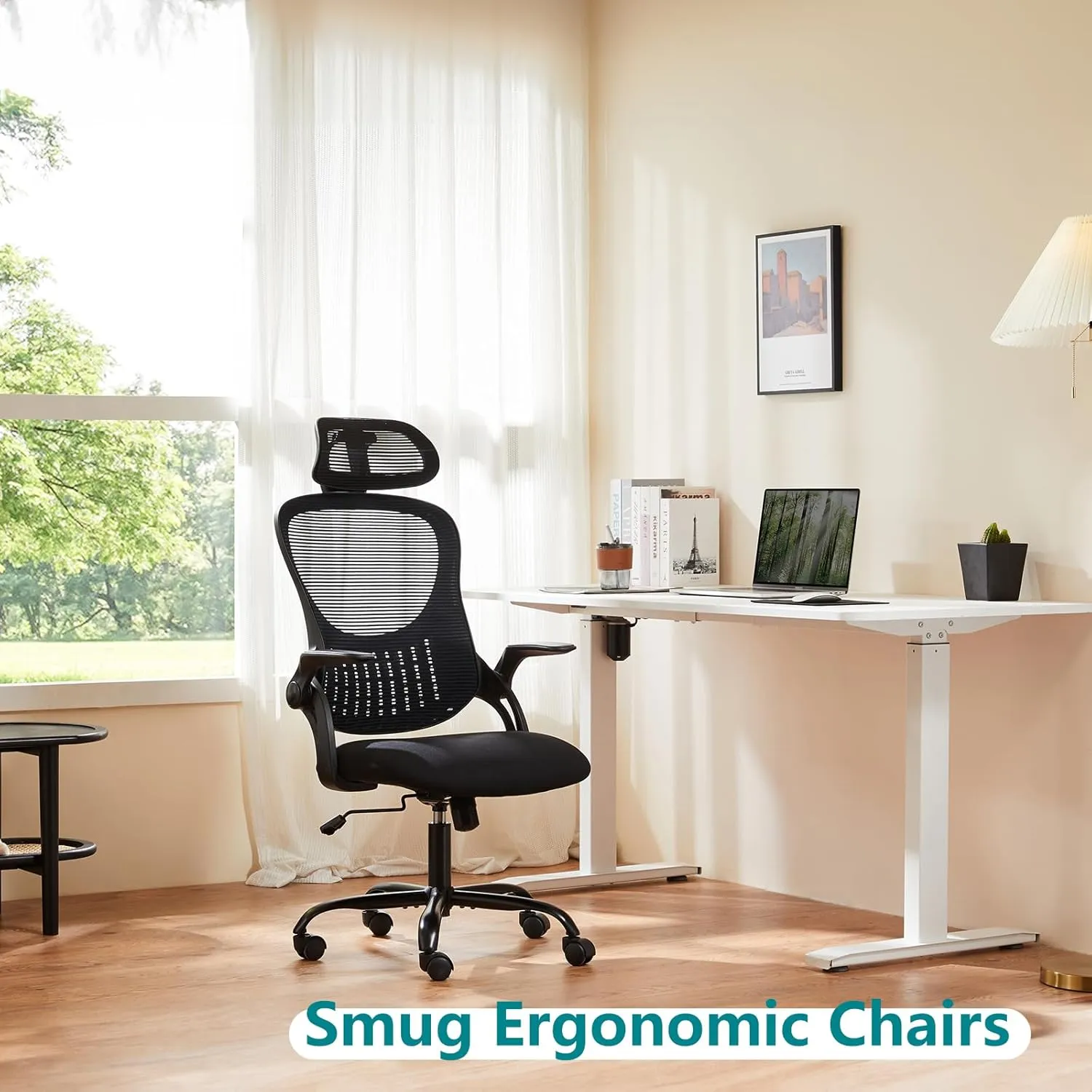 Home Office Desk Chair, Ergonomic Computer Managerial Executive Chairs High-Back Work Swivel Task Chairs with Wheels, Lumbar Support, Comfy Flip-up Armrest for Gaming, Study, Student, Black