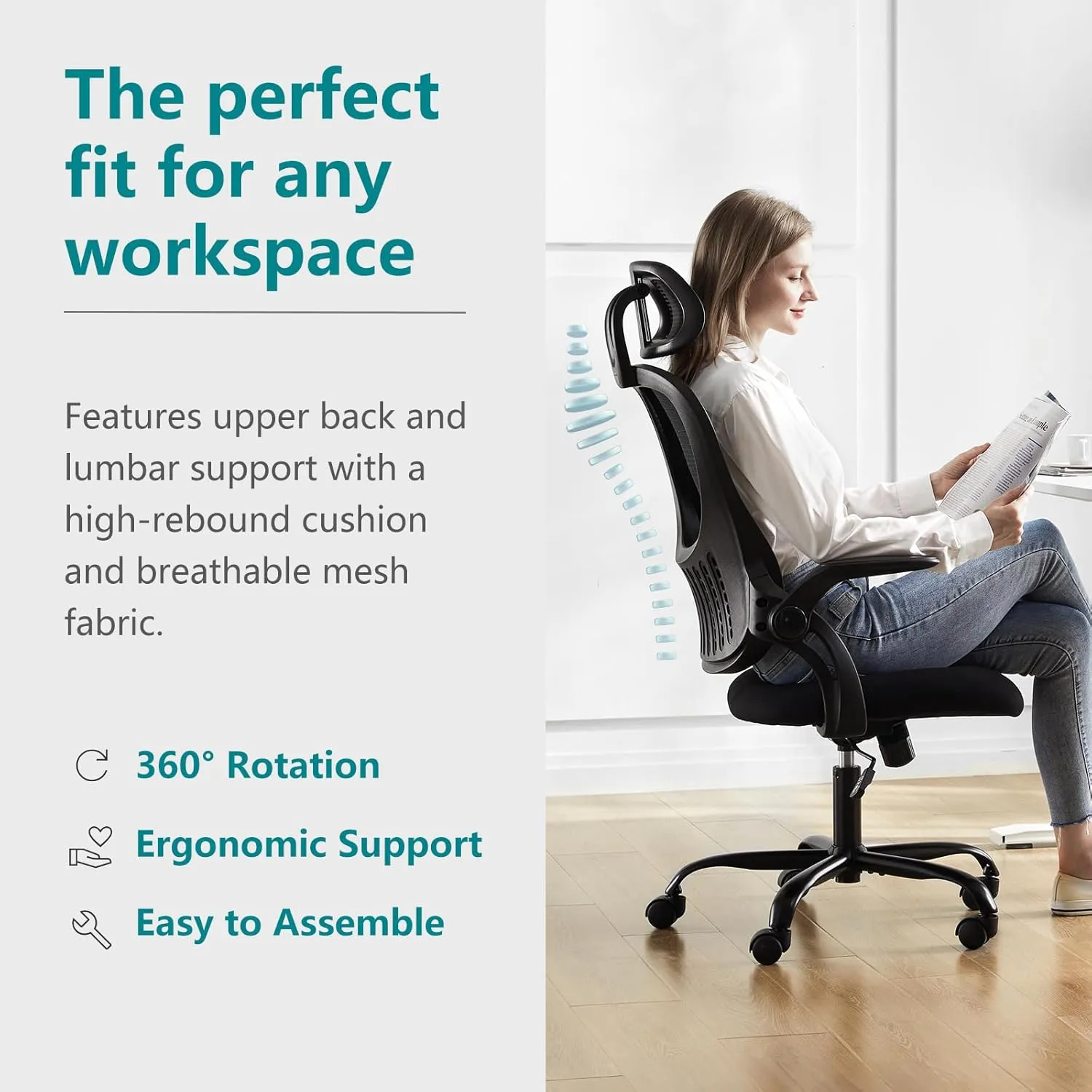 Home Office Desk Chair, Ergonomic Computer Managerial Executive Chairs High-Back Work Swivel Task Chairs with Wheels, Lumbar Support, Comfy Flip-up Armrest for Gaming, Study, Student, Black