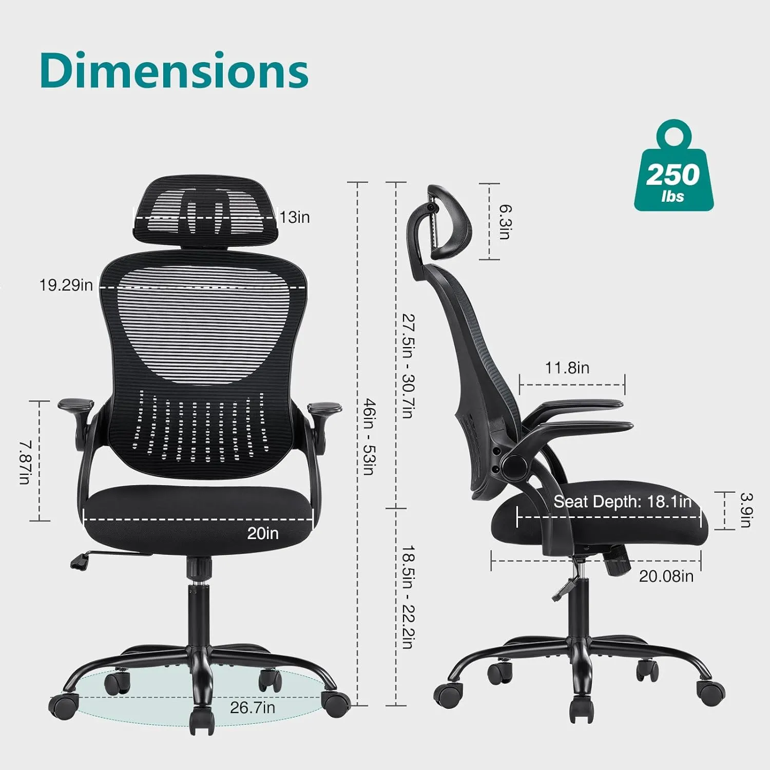 Home Office Desk Chair, Ergonomic Computer Managerial Executive Chairs High-Back Work Swivel Task Chairs with Wheels, Lumbar Support, Comfy Flip-up Armrest for Gaming, Study, Student, Black