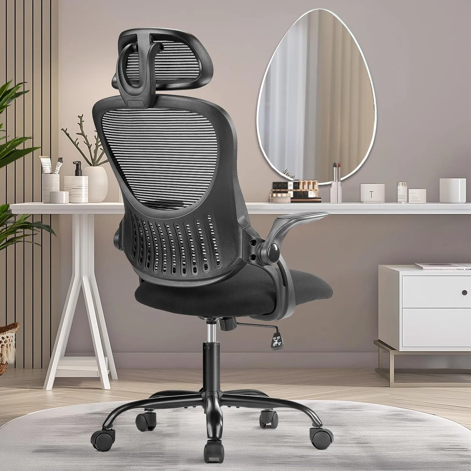 Home Office Desk Chair, Ergonomic Computer Managerial Executive Chairs High-Back Work Swivel Task Chairs with Wheels, Lumbar Support, Comfy Flip-up Armrest for Gaming, Study, Student, Black