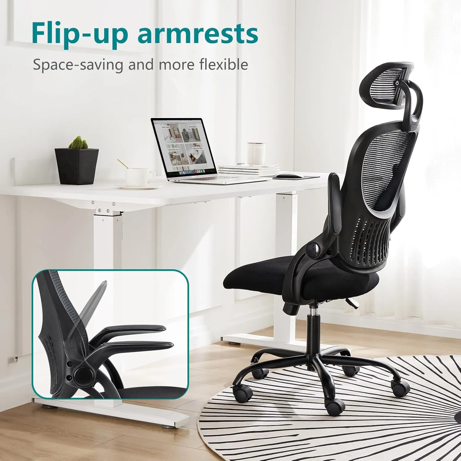 Home Office Desk Chair, Ergonomic Computer Managerial Executive Chairs High-Back Work Swivel Task Chairs with Wheels, Lumbar Support, Comfy Flip-up Armrest for Gaming, Study, Student, Black