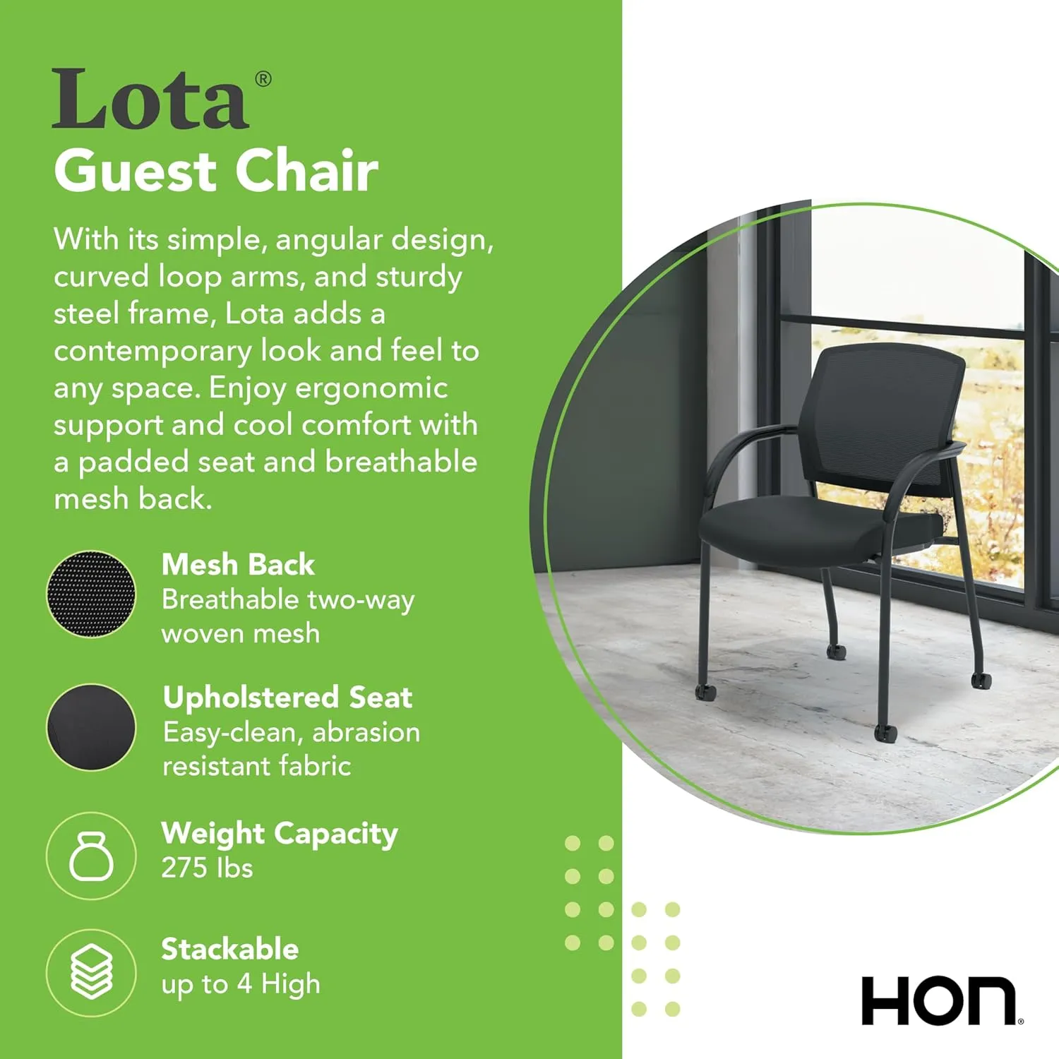HON Lota Guest Chair, Black Scatter Side Chair with Arms and Casters, Mesh Back, Fabric Seat, Lobby Chairs with Wheels