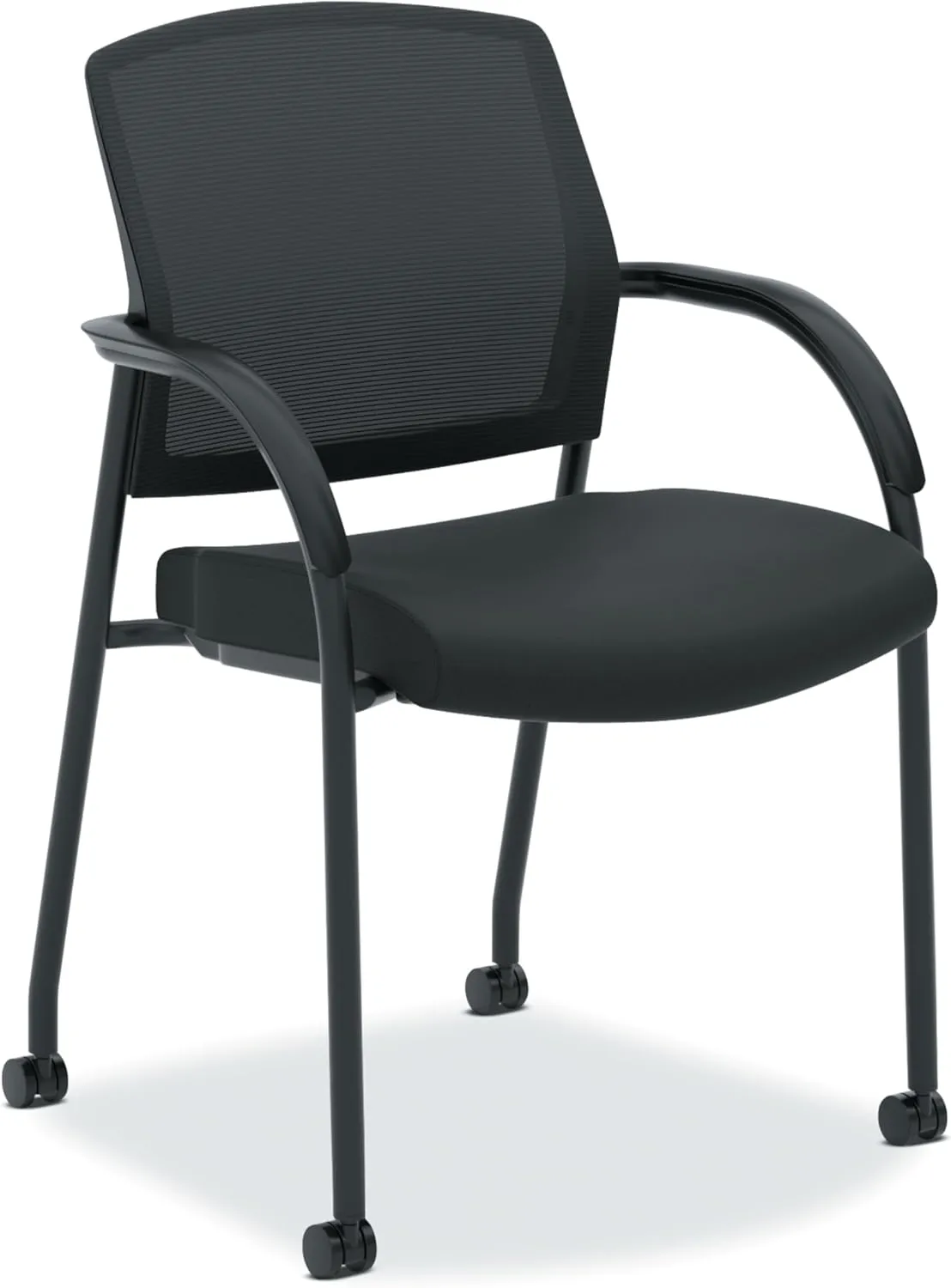 HON Lota Guest Chair, Black Scatter Side Chair with Arms and Casters, Mesh Back, Fabric Seat, Lobby Chairs with Wheels