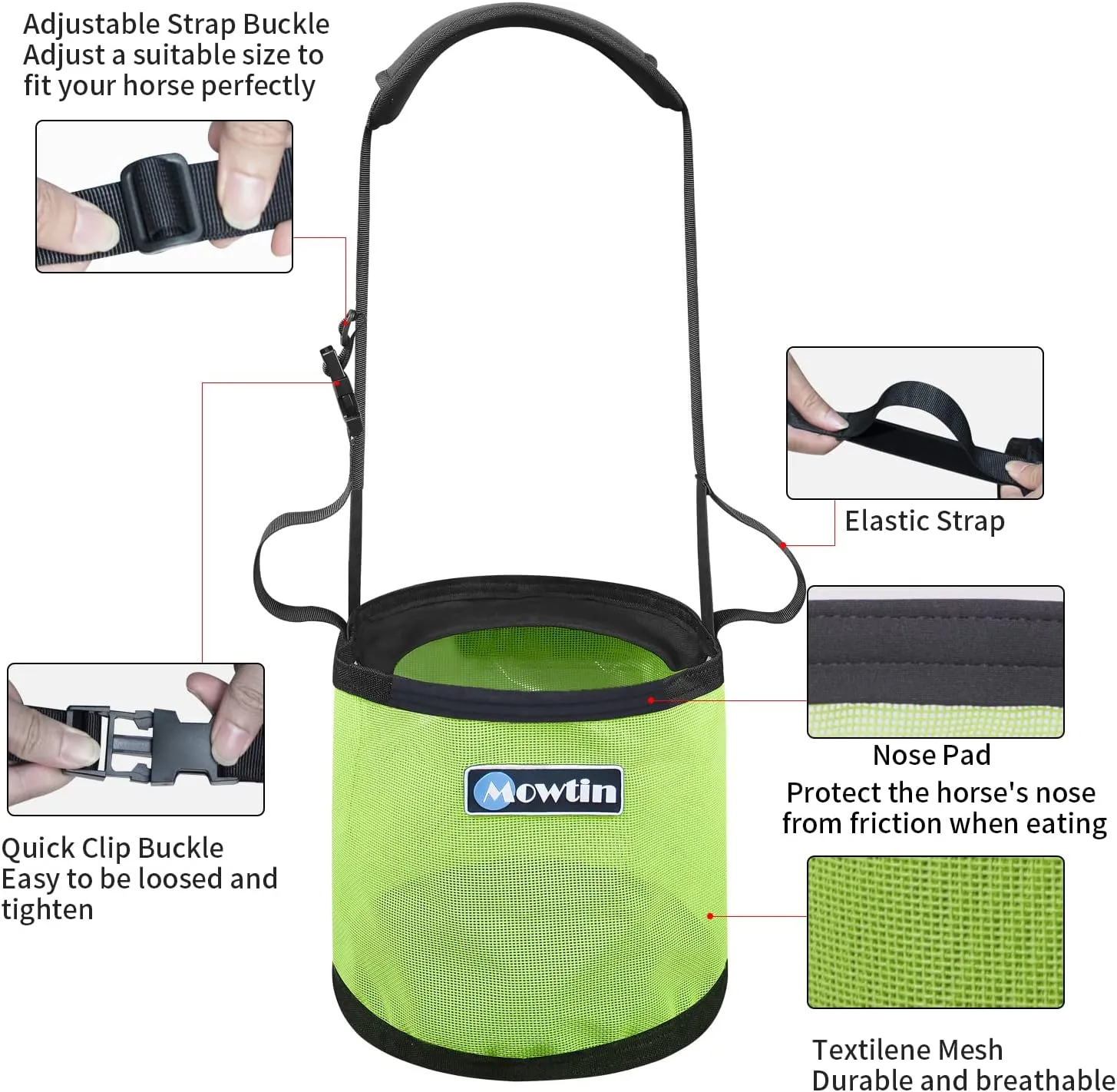 Horse Feed Bag Heavy Duty Textilene Mesh Feed Rite Bag with Adjustable Strap and Comfortable Neck Pad,Reinforced Bottom Stitching,Quick Clip Buckle and Spill-Proof Grain Feed Bag(Green,L)
