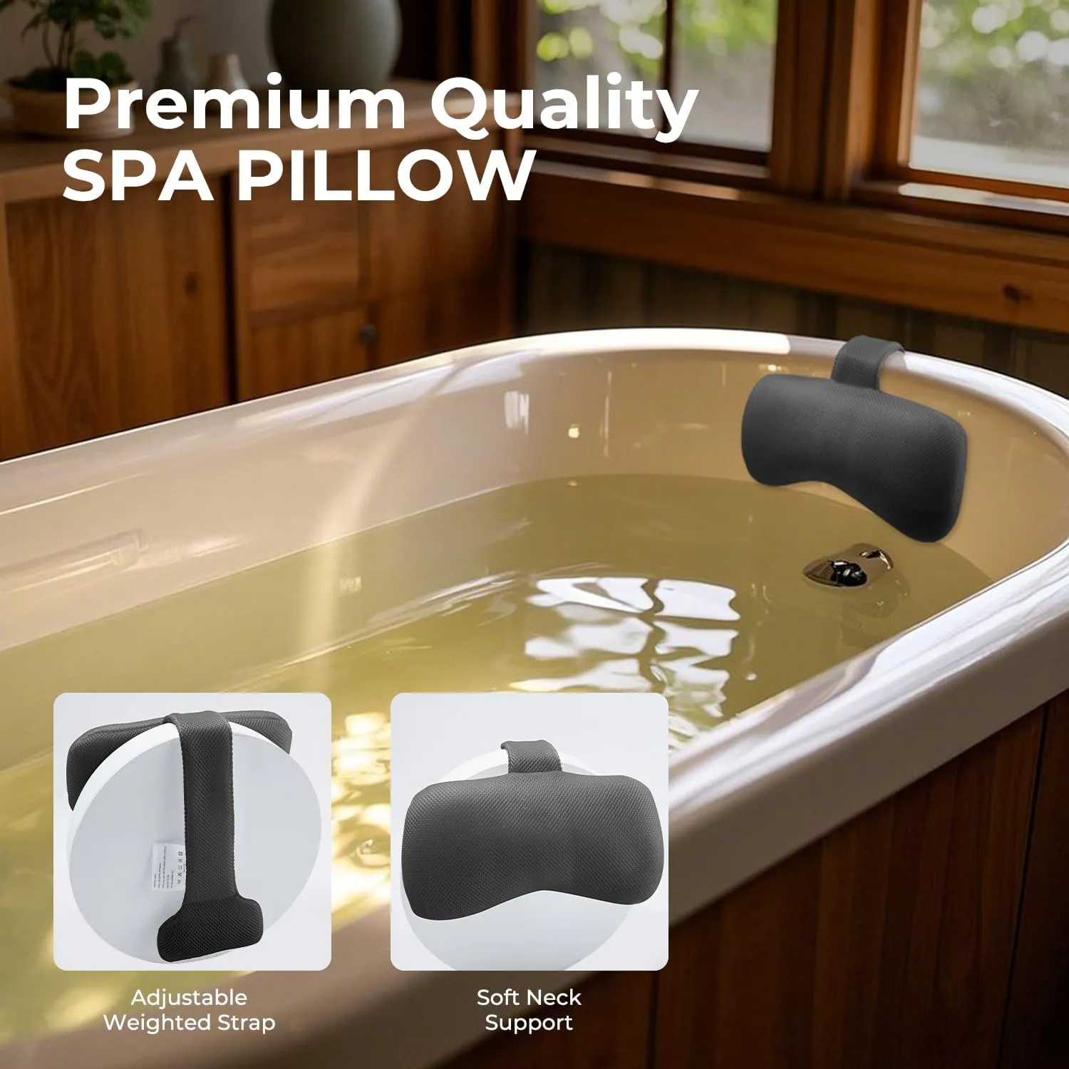 Hot Tub Pillow for Outdoor Bathtub（2-Pack）, Non-Slip Universal Spa Headrest Bath Pillow for Bath Tub, Lounge Chair Pillow, Comfortable Head and Neck Support with Weighted Adjustable Strap, Grey