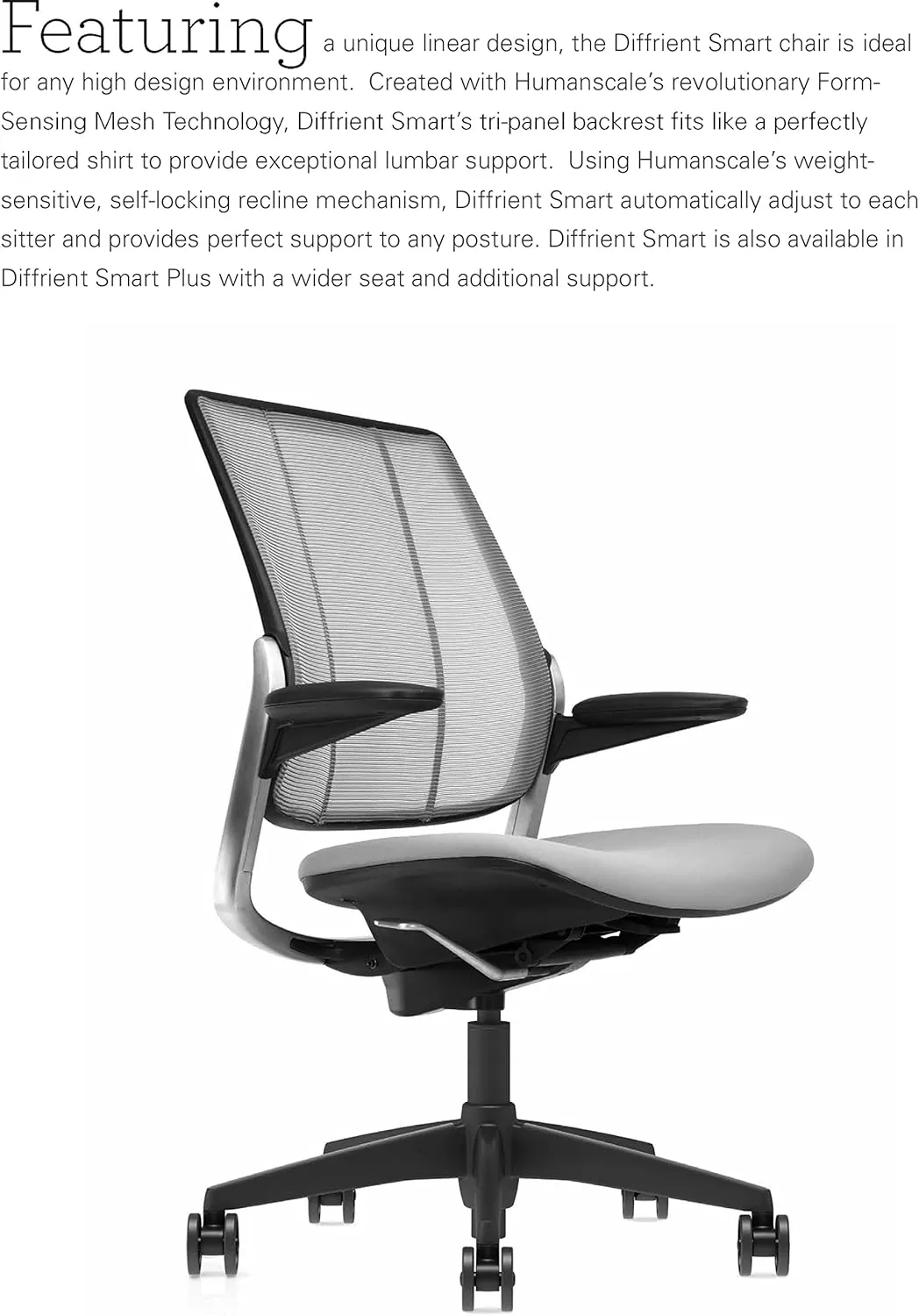 Humanscale Diffrient Smart Office Desk Chair - S413 Advanced Height Adjustable Duron Arms - Black Frame with Monofilament Stripe Black Mesh Back Balsam Corde4 Fabric - Standard Carpet Casters