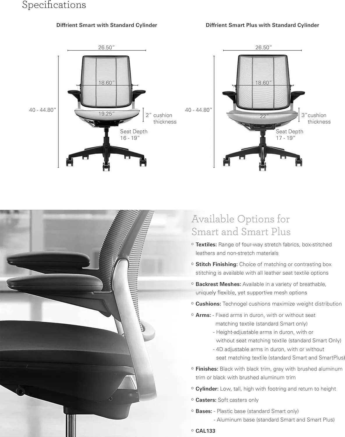 Humanscale Diffrient Smart Office Desk Chair - S413 Advanced Height Adjustable Duron Arms - Black Frame with Monofilament Stripe Black Mesh Back Balsam Corde4 Fabric - Standard Carpet Casters