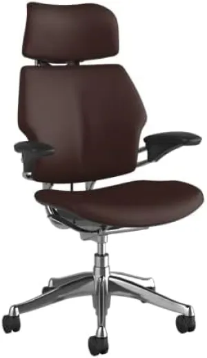 Humanscale Freedom Office Chair with Headrest - Ergonomic Work Chair with Standard Height Adjustable Duron Arms - Wheels for Hard Flooring - Polished Aluminum Frame with Jasper Corvara Leather