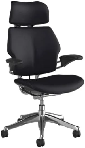 Humanscale Freedom Office Chair with Headrest - Ergonomic Work Chair with Standard Height Adjustable Duron Arms - Wheels for Hard Flooring - Polished Aluminum Frame with Midnight/Grey Corvara Leather