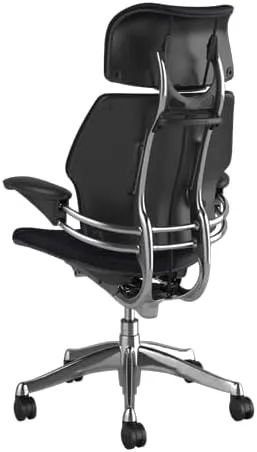 Humanscale Freedom Office Chair with Headrest - Ergonomic Work Chair with Standard Height Adjustable Duron Arms - Wheels for Hard Flooring - Polished Aluminum Frame with Midnight/Grey Corvara Leather