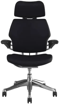 Humanscale Freedom Office Chair with Headrest - Ergonomic Work Chair with Standard Height Adjustable Duron Arms - Wheels for Hard Flooring - Polished Aluminum Frame with Midnight/Grey Corvara Leather