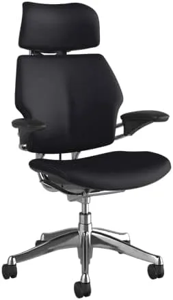 Humanscale Freedom Office Chair with Headrest - Ergonomic Work Chair with Standard Height Adjustable Duron Arms - Wheels for Hard Flooring - Polished Aluminum Frame with Midnight/Grey Corvara Leather