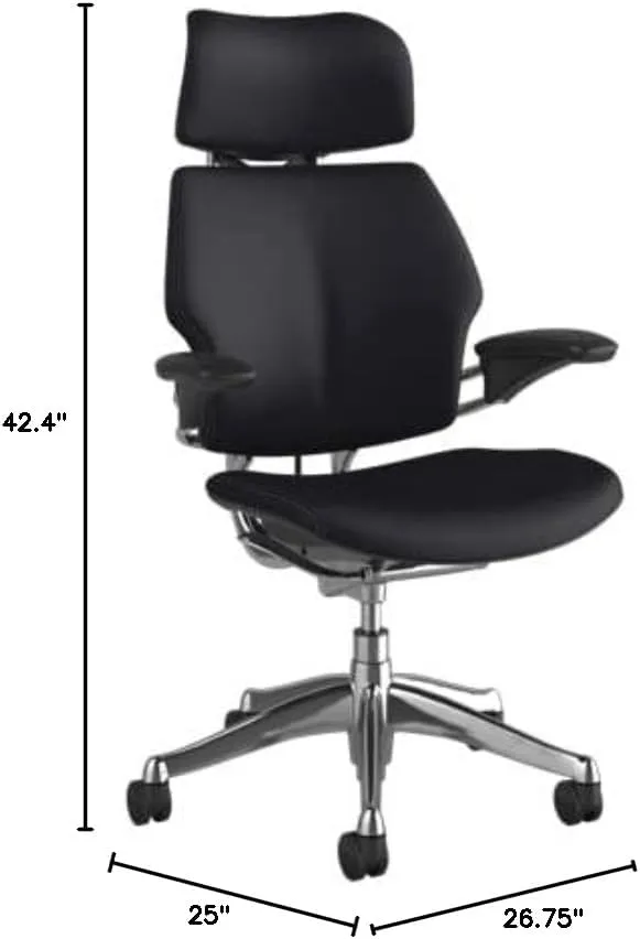 Humanscale Freedom Office Chair with Headrest - Ergonomic Work Chair with Standard Height Adjustable Duron Arms - Wheels for Hard Flooring - Polished Aluminum Frame with Midnight/Grey Corvara Leather