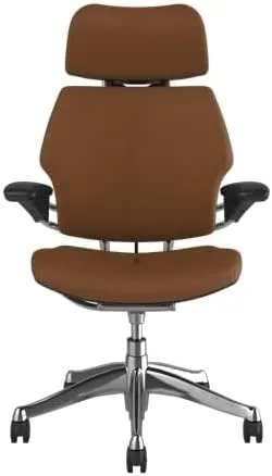 Humanscale Freedom Office Chair with Headrest - Ergonomic Work Chair with Standard Height Adjustable Duron Arms - Wheels for Hard Flooring - Polished Aluminum Frame with Saddle Corvara Leather