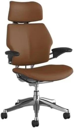 Humanscale Freedom Office Chair with Headrest - Ergonomic Work Chair with Standard Height Adjustable Duron Arms - Wheels for Hard Flooring - Polished Aluminum Frame with Saddle Corvara Leather