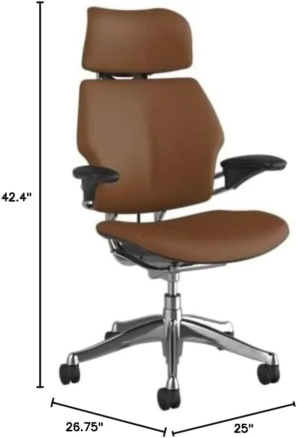 Humanscale Freedom Office Chair with Headrest - Ergonomic Work Chair with Standard Height Adjustable Duron Arms - Wheels for Hard Flooring - Polished Aluminum Frame with Saddle Corvara Leather