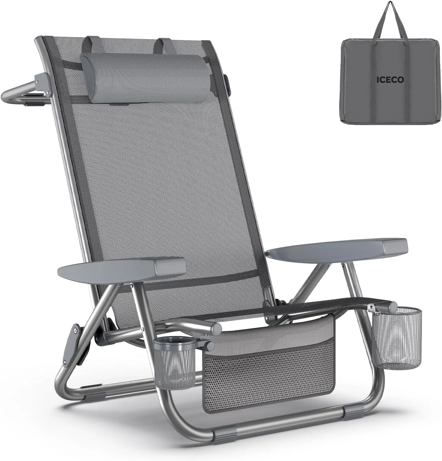 ICECO Bora High Back Beach Chairs for Adults, 5 Positions Reclining Beach Chair with Headrests, Folding Beach Chair with Cup Holder & Storage Bag for Beach, Pool, Patio, Capacity 500lbs