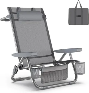 ICECO Bora High Back Beach Chairs for Adults, 5 Positions Reclining Beach Chair with Headrests, Folding Beach Chair with Cup Holder & Storage Bag for Beach, Pool, Patio, Capacity 500lbs