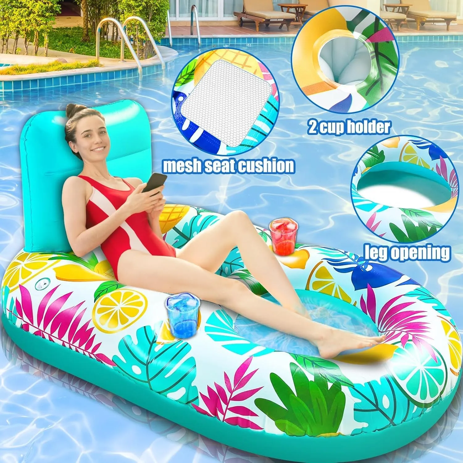 iGeeKid Inflatable Pool Floats Adults, Light Up Pool Floats with Backrest & Cup Holders, Large Tanning Pool Float Lounge Chairs Water Pool Rafts Floating for Adults Swimming Pool Party Beach Lake Toys