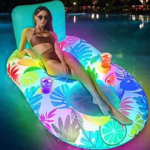 iGeeKid Inflatable Pool Floats Adults, Light Up Pool Floats with Backrest & Cup Holders, Large Tanning Pool Float Lounge Chairs Water Pool Rafts Floating for Adults Swimming Pool Party Beach Lake Toys