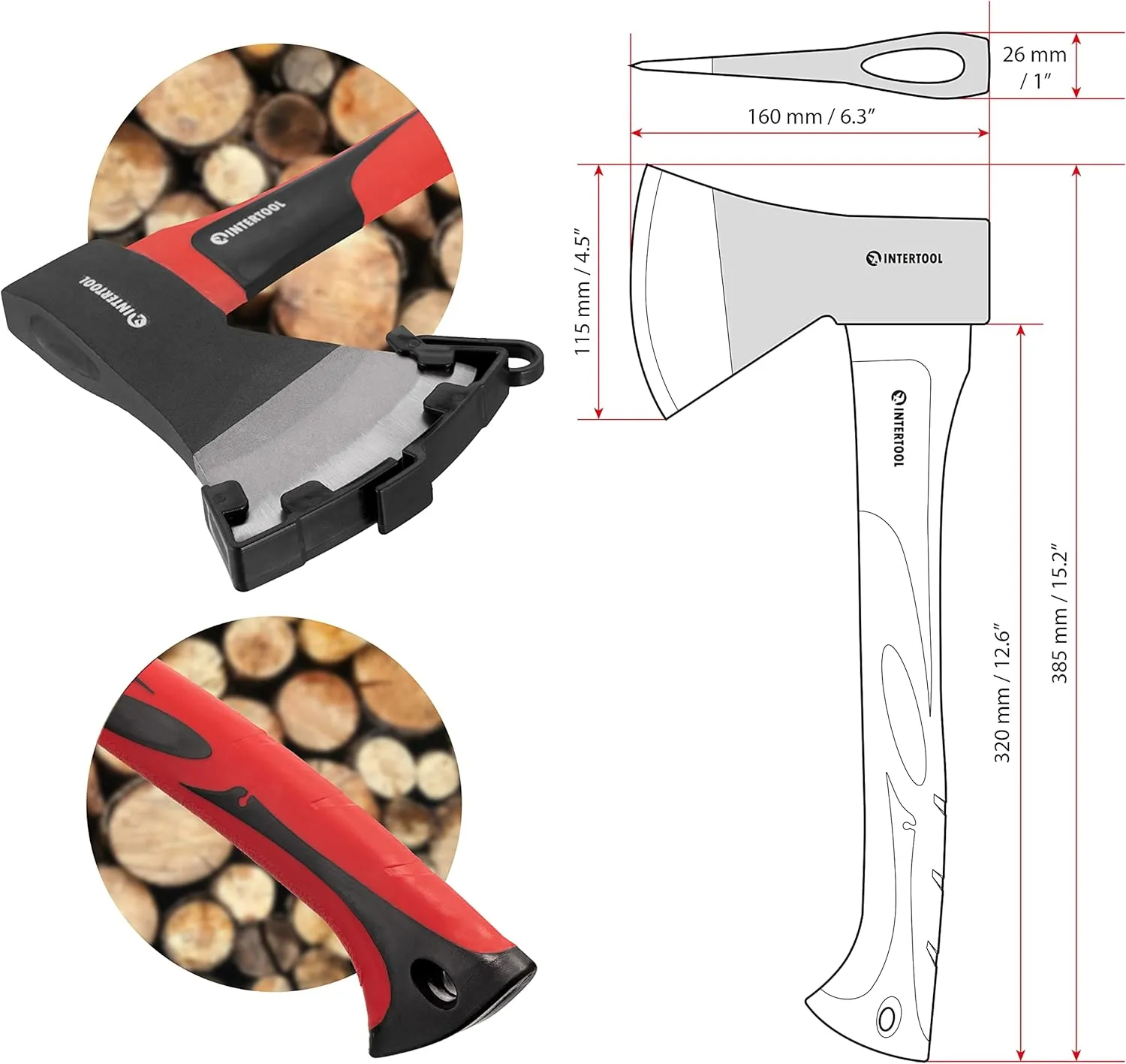 INTERTOOL 15” Camping Hatchet Axe – Compact Wood Splitting Tool with Fiberglass Shock-Resistant Handle, Small Axe for Chopping Firewood, Kindling, and Survival Gear – HT-0262