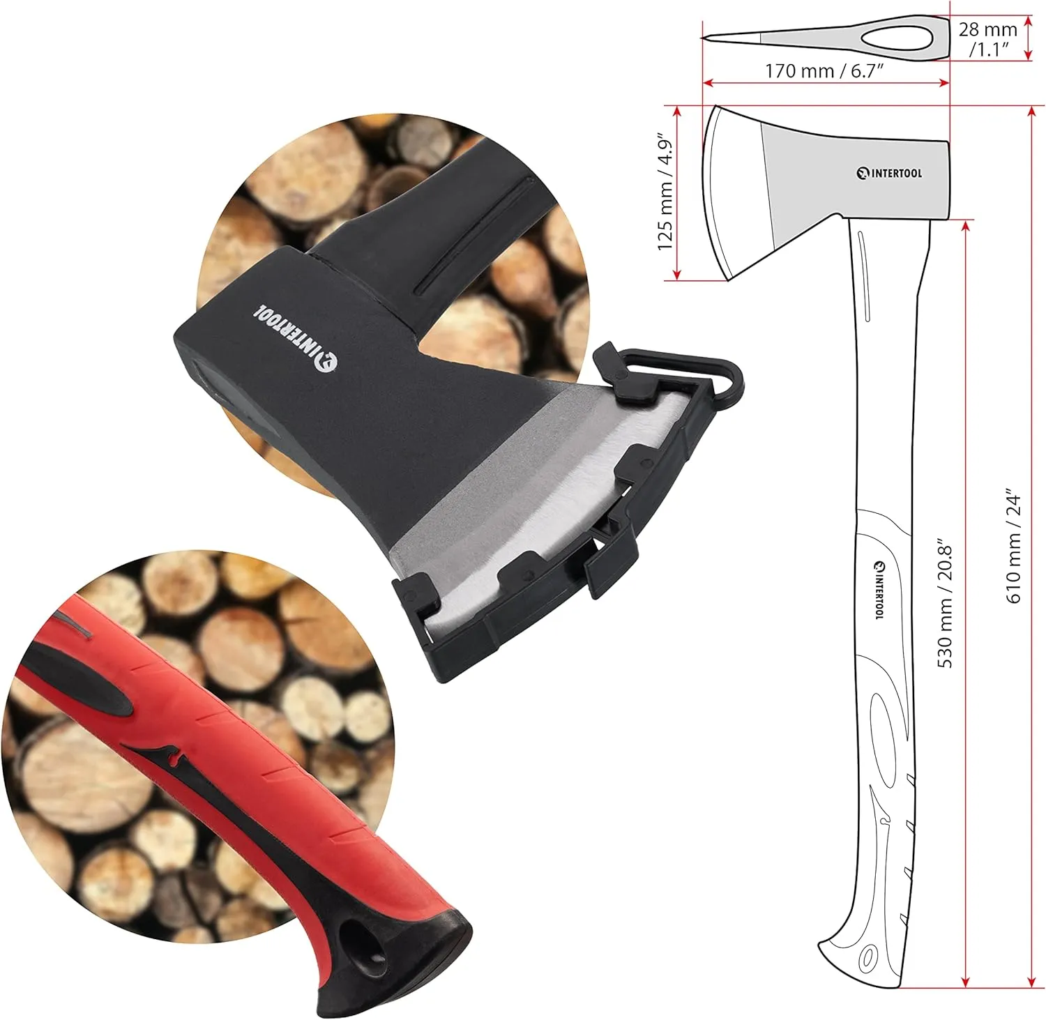 INTERTOOL Chopping Axe - 24” Long Handle Felling Axes and Hatchets for Camping - Ax Tool for Wood Splitting and Kindling with Shock Absorbing Anti-Slip Fiberglass & Blade Cover - HT-0263