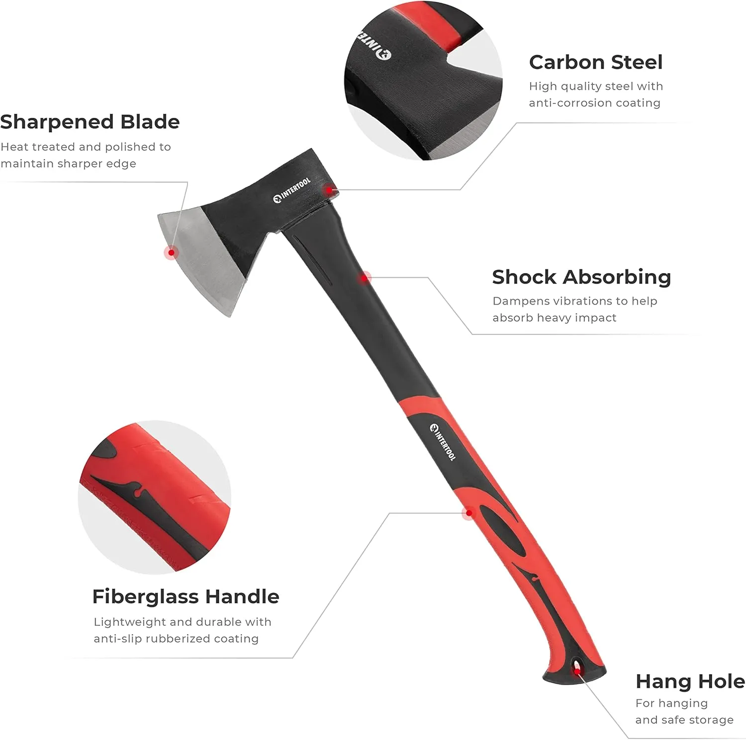 INTERTOOL Chopping Axe - 24” Long Handle Felling Axes and Hatchets for Camping - Ax Tool for Wood Splitting and Kindling with Shock Absorbing Anti-Slip Fiberglass & Blade Cover - HT-0263