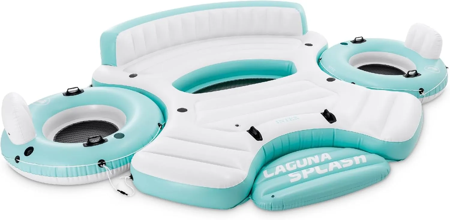 Intex Laguna Splash Island Outdoor Floating Water Raft with 2 Detachable Solo Lounge Tubes, Connectors, Built-in Cupholders, and Grab Handles, Blue
