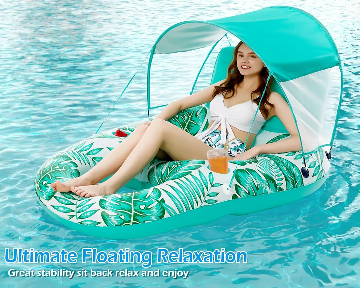 Jasonwell Pool Floats with Canopy - Inflatable Pool Float Adult Lounger Floaties Raft Floating Chair for Swimming Pool Lake Water Lounge Float with Cup Holders Beach Pool Party Toys for Adults