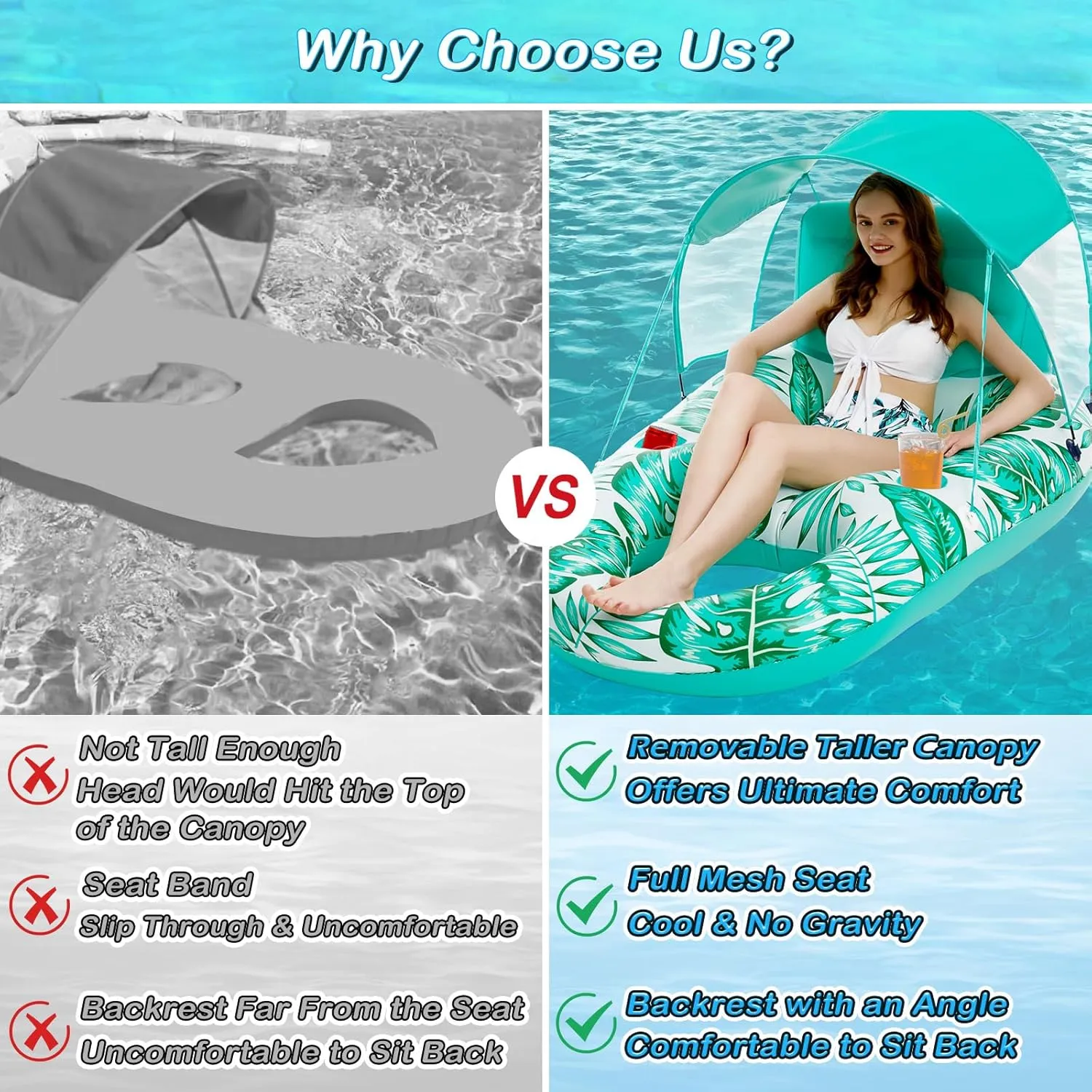 Jasonwell Pool Floats with Canopy - Inflatable Pool Float Adult Lounger Floaties Raft Floating Chair for Swimming Pool Lake Water Lounge Float with Cup Holders Beach Pool Party Toys for Adults