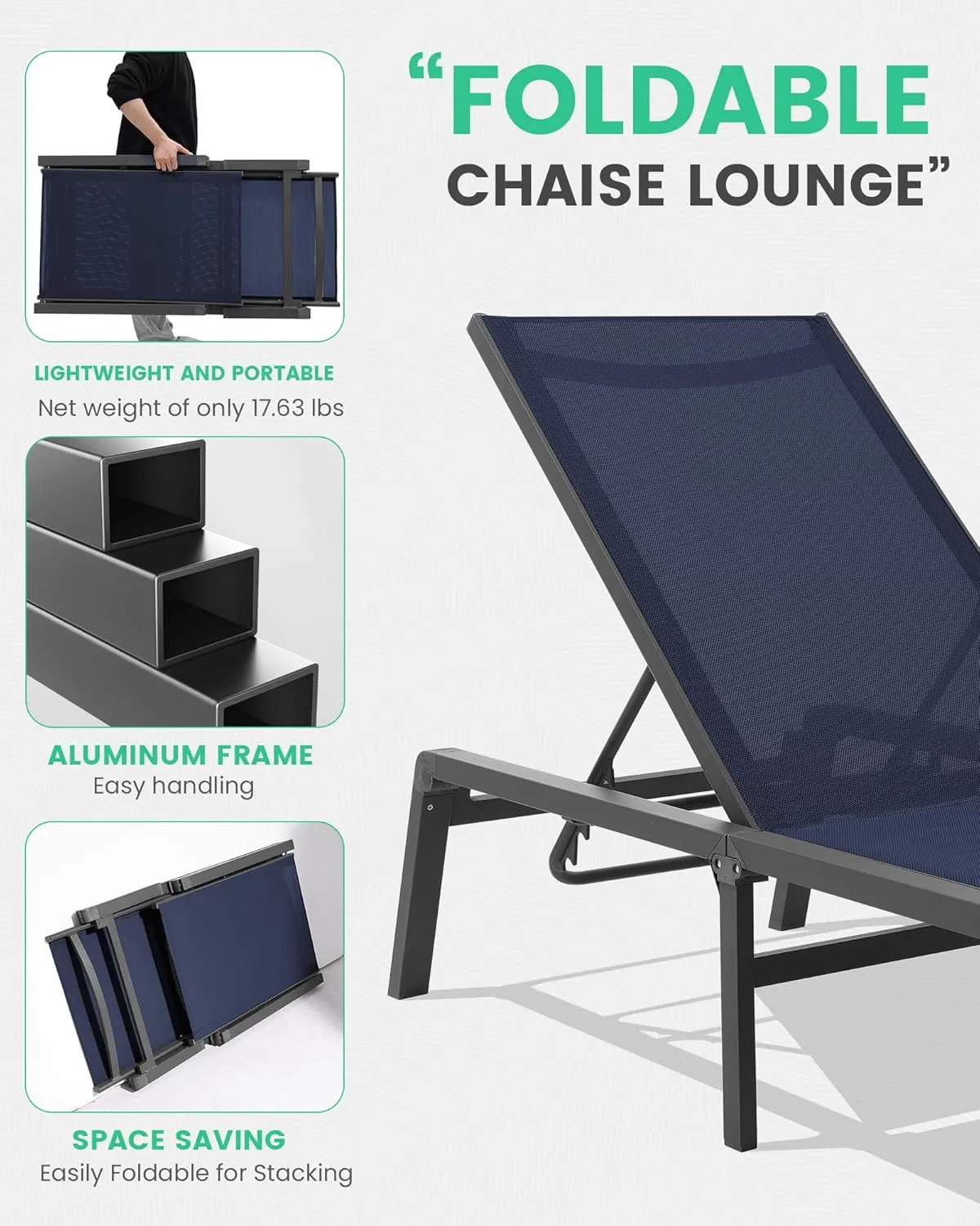 JEAREY Aluminum Chaise Lounge Chair Outdoor, Foldable & Assemble Free Patio Lounge Chair with Adjustable 5-Position Recliner Back Tanning Chair for Lawn, Pool, Beach, Navy